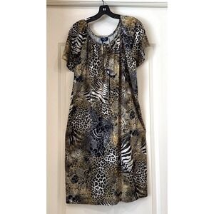 VTG GRANADA NEW YORK Shift Dress Size L? Housedress Animal Print muumuu Dress‎